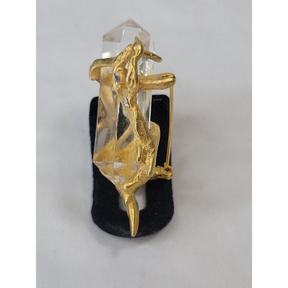 A.J.C. Lucite Brushed Gold Tone Rhinestone Faux Pearl Brooch - Picture 5 of 8